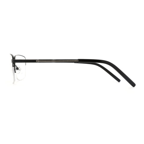 Zenottic Wilton black metal half-rim square eyeglasses side view, clear lenses, product page.