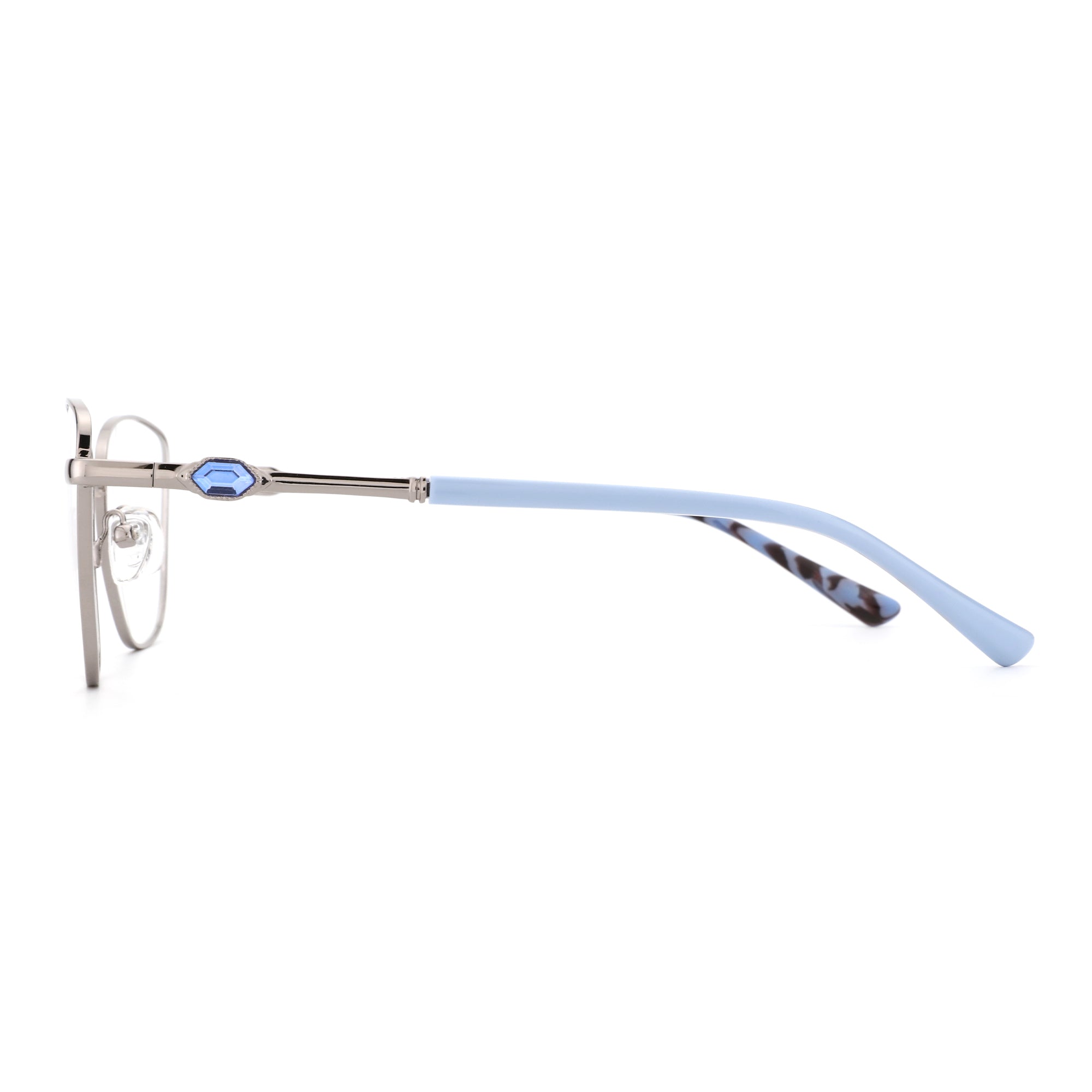 Zenottic Seren metal eyeglasses with light blue temples and a blue gemstone accent.