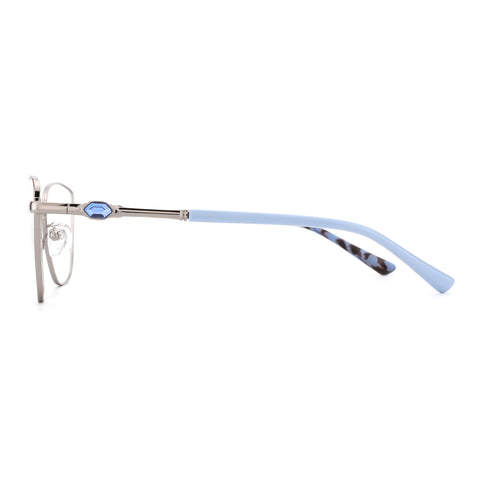 Zenottic Seren metal eyeglasses with light blue temples and a blue gemstone accent.