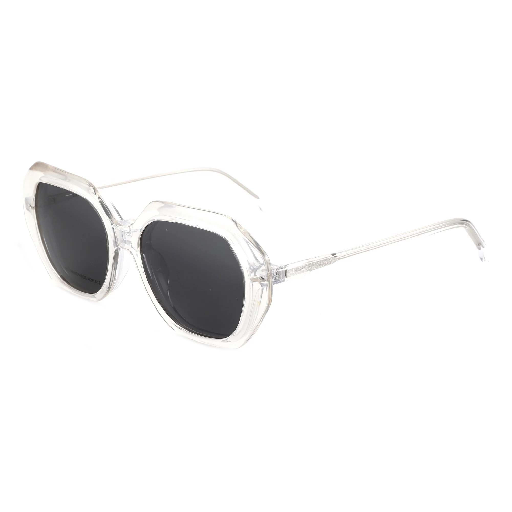 Clear acetate geometric sunglasses with black lenses and slim temples