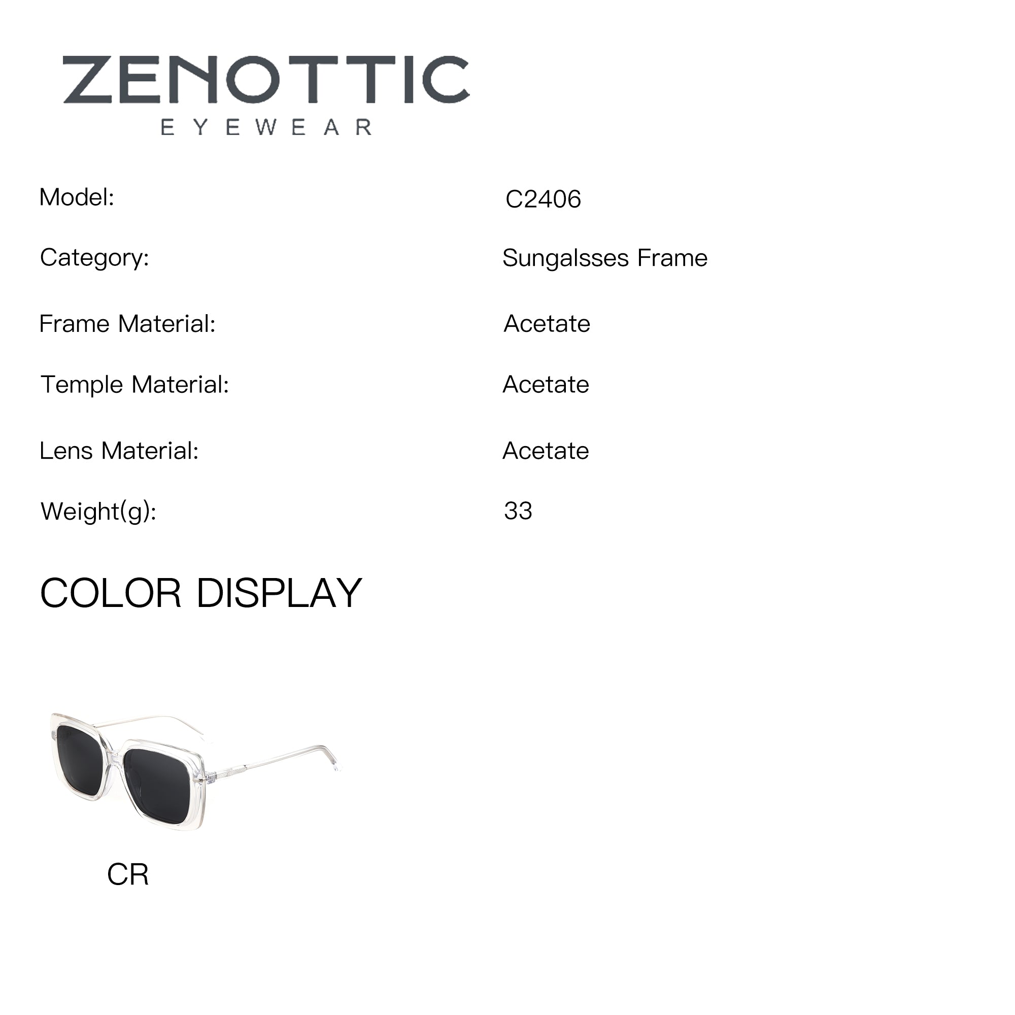 Zenottic Sinsoledad square sunglasses, clear acetate frame, dark lenses