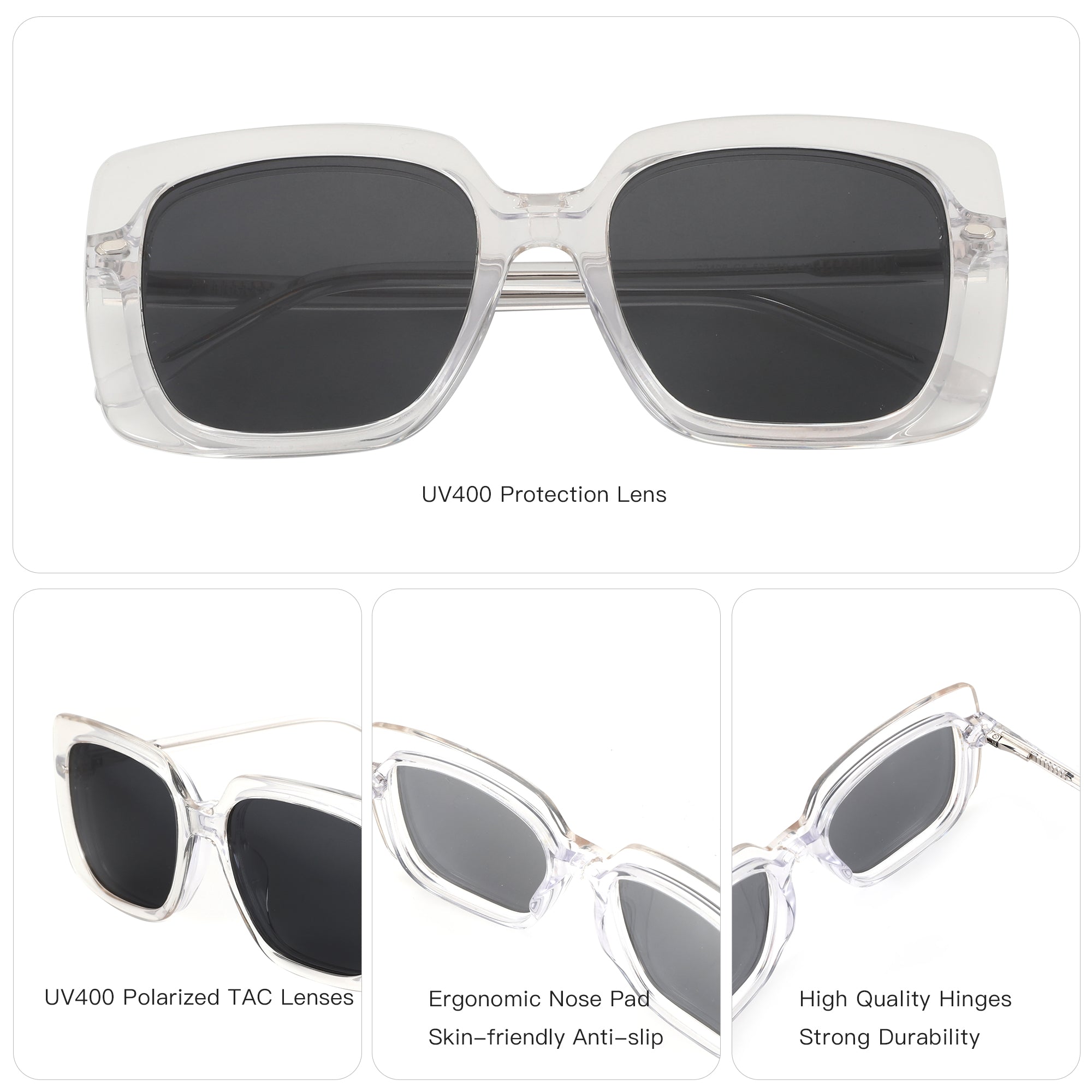 Zenottic Sinsoledad square sunglasses, clear acetate frame, UV400 polarized lenses.