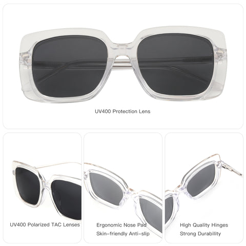 Zenottic Sinsoledad square sunglasses, clear acetate frame, UV400 polarized lenses.