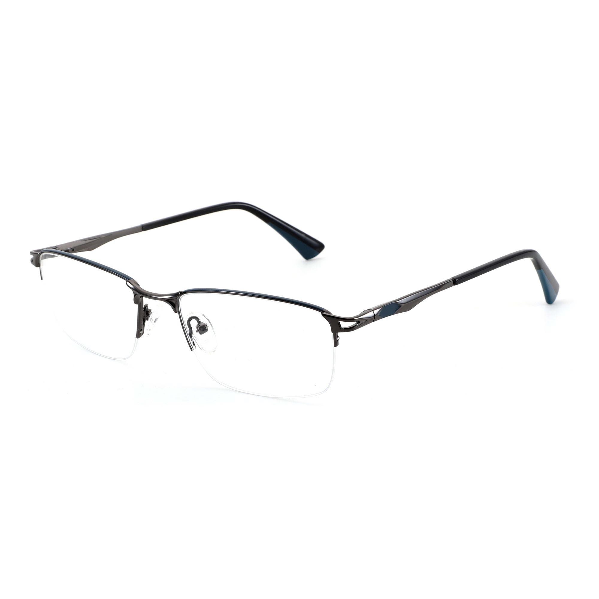 Zenottic Yancy dark metal half-rim eyeglasses with clear lenses and blue temple accents