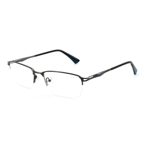 Zenottic Yancy dark metal half-rim eyeglasses with clear lenses and blue temple accents