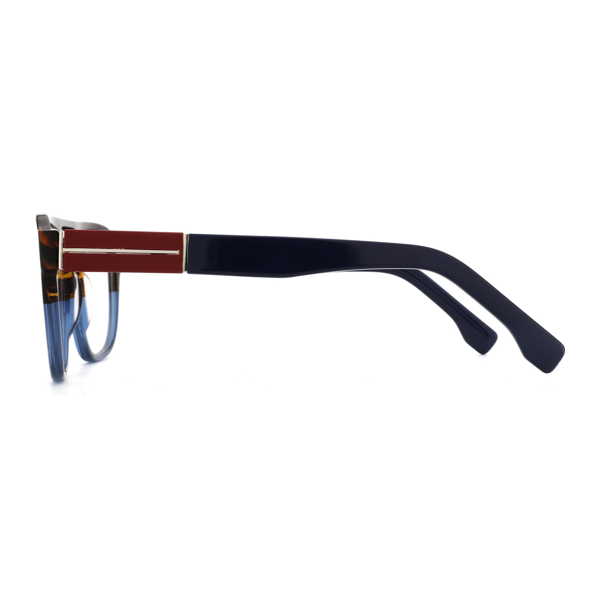 Zenottic Yves eyeglasses with tortoiseshell and blue acetate frame, featuring burgundy and gold temple detail.