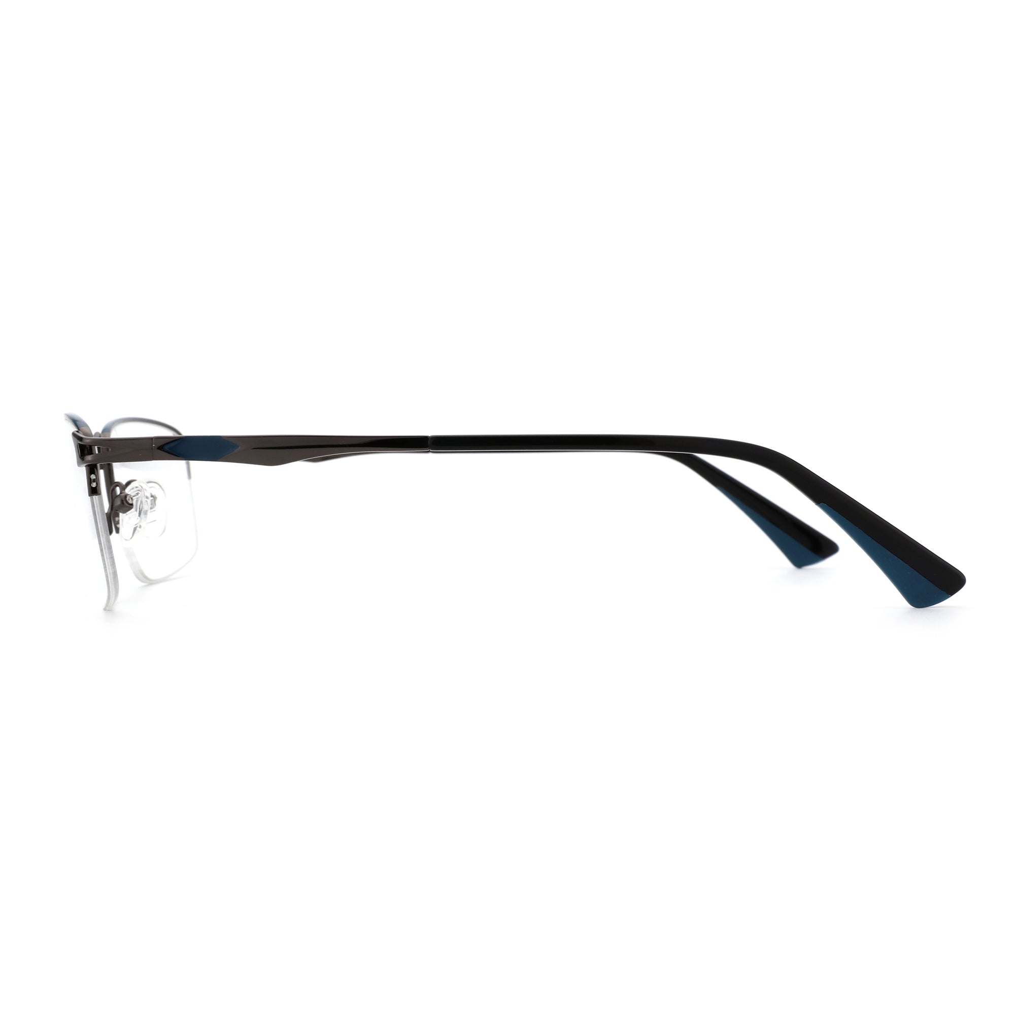 Zenottic Yancy eyeglasses: gunmetal metal frame, clear lens, black temple with blue accent
