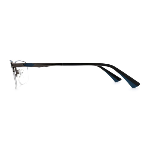 Zenottic Yancy eyeglasses: gunmetal metal frame, clear lens, black temple with blue accent