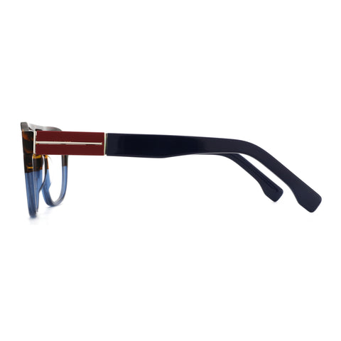 Zenottic Yves eyeglasses with tortoiseshell and blue acetate frame, featuring burgundy and gold temple detail.