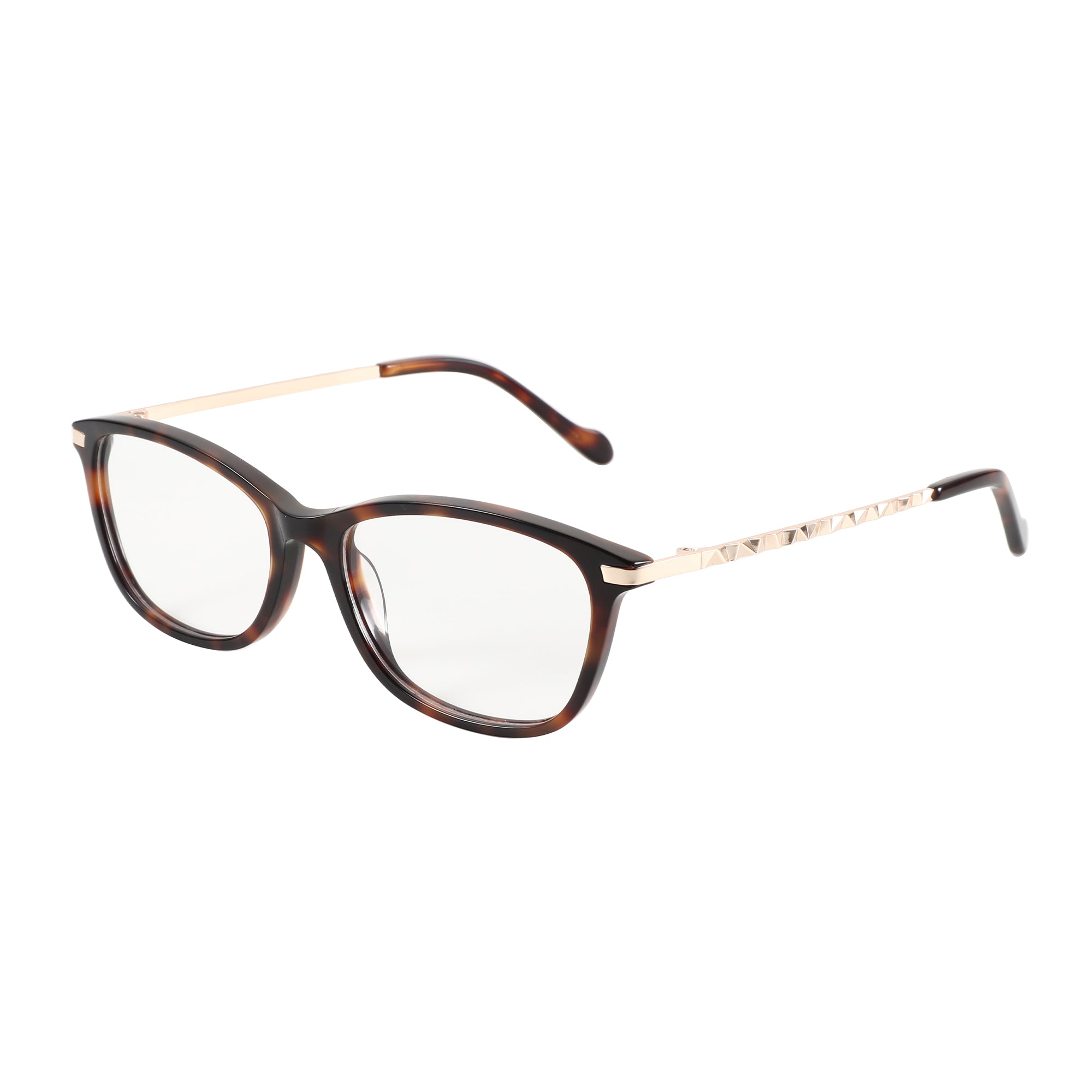 Zenottic Elara eyeglasses with tortoiseshell acetate frame and gold studded temples.