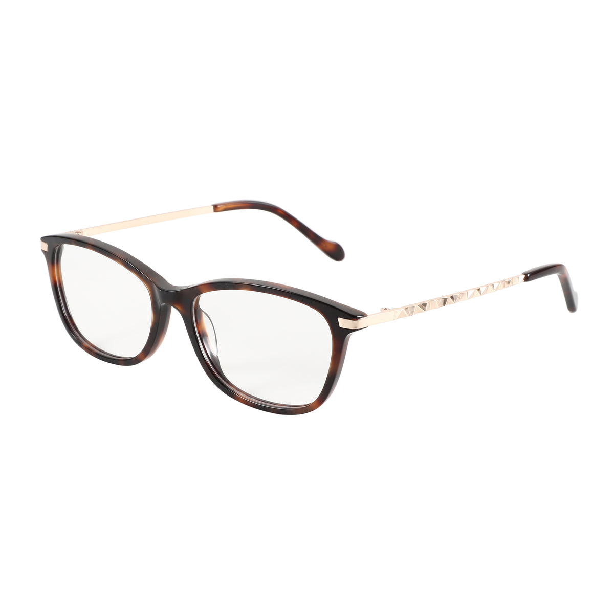 Zenottic Elara eyeglasses with tortoiseshell acetate frame and gold studded temples.