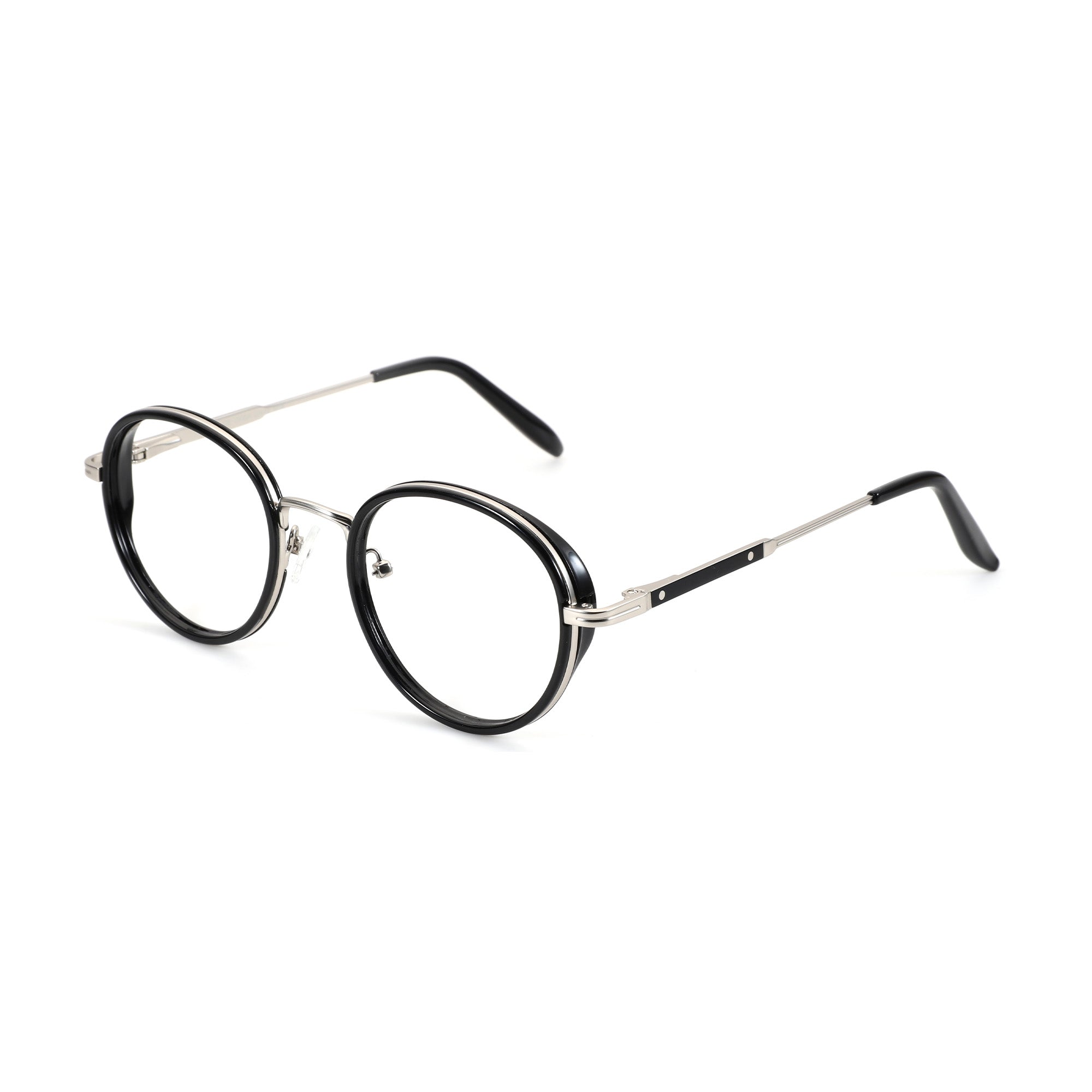 Zenottic Martin: black round split-rim glasses, silver temples, clear demo lenses, product view.