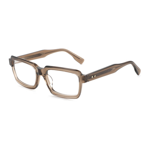 Translucent brown acetate Zenottic Riley eyeglasses with geometric square shape and diamond temple accents.