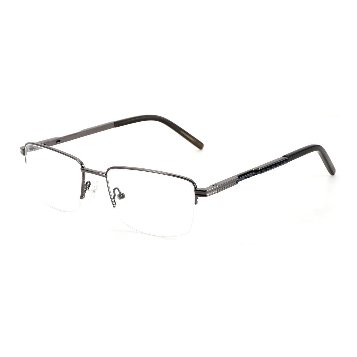 Zenottic Wilton gunmetal gray metal half-rim square eyeglasses with clear demo lenses, product appearance.