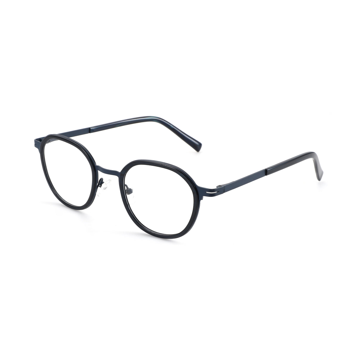 Zenottic Eyeglasses Warren: Dark blue geometric acetate and metal frame glasses with clear lenses.