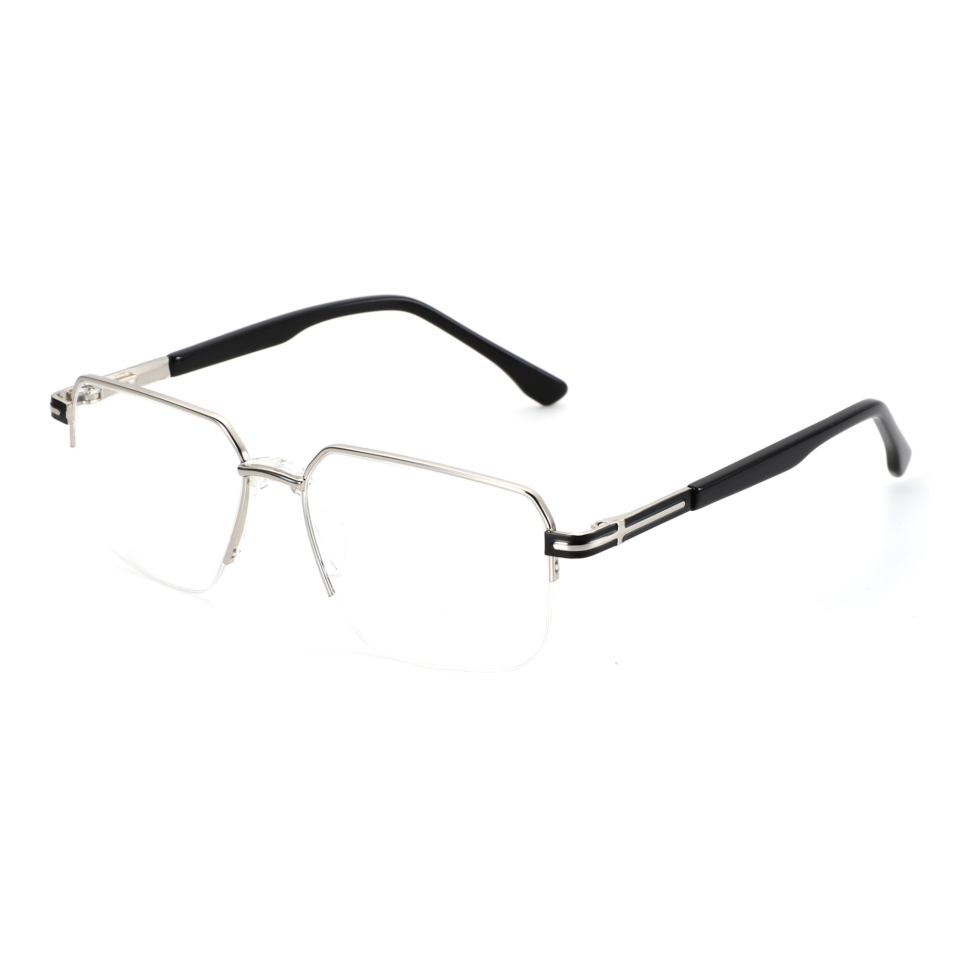 Zenottic Finn semi-rimless geometric eyeglasses with silver metal frame and black temple arms on white background.