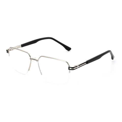 Zenottic Finn semi-rimless geometric eyeglasses with silver metal frame and black temple arms on white background.