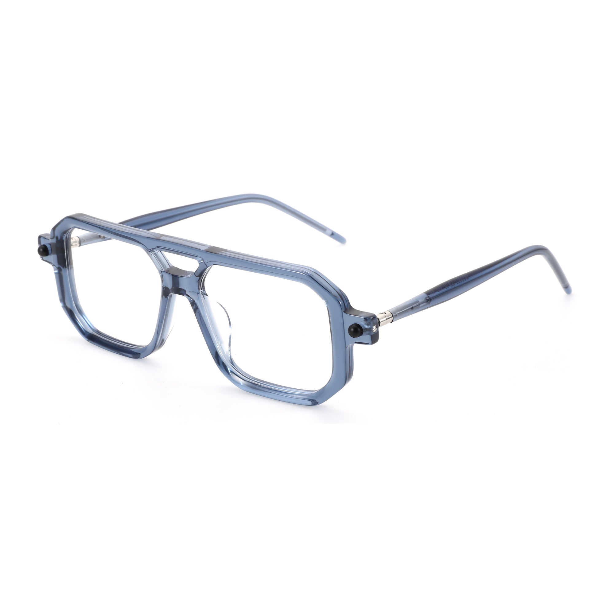 Blue acetate aviator-style eyeglasses with clear lenses and silver accents.