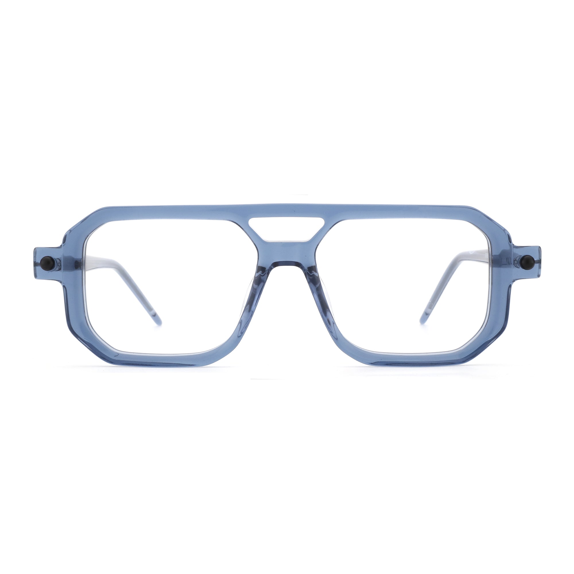 Zenottic eyeglasses Reed in blue acetate with clear lenses, featuring a double bridge and aviator-style frames.