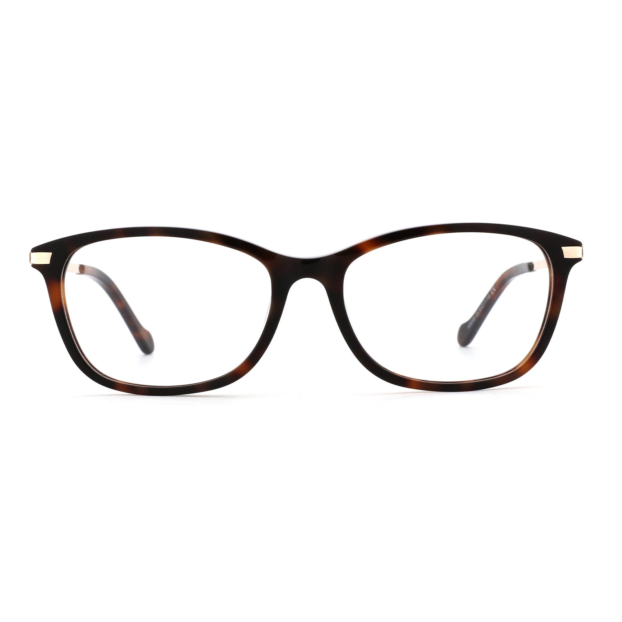 Zenottic Elara eyeglasses with tortoiseshell frame and gold accents.