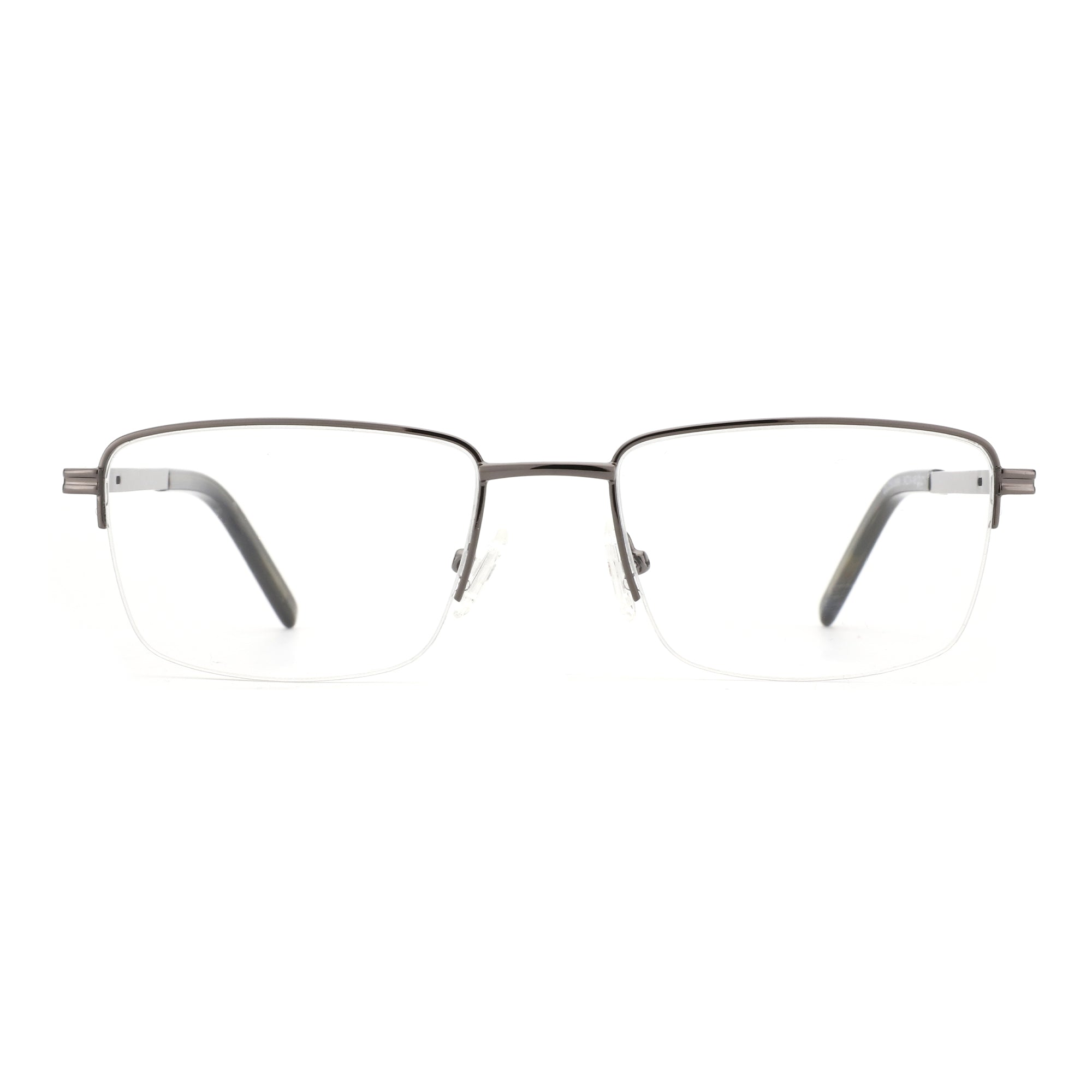 Zenottic Wilton gunmetal gray metal half-rim square eyeglasses with clear demo lenses, product appearance.