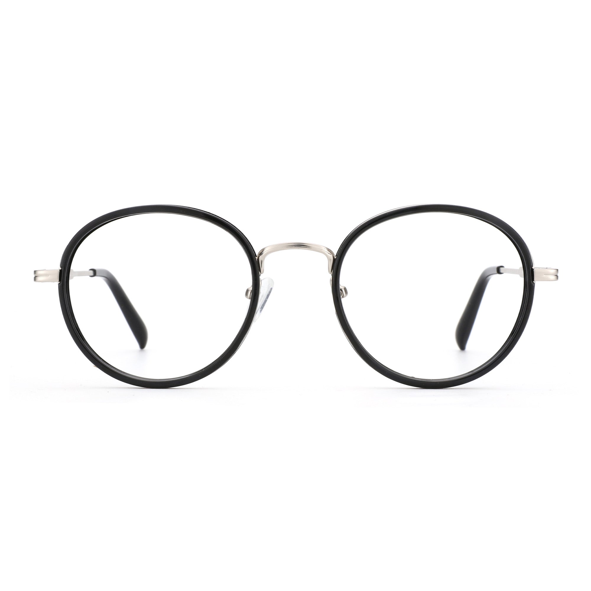 Zenottic Martin eyeglasses: black TR90 round full-rim, silver metal temples, clear demo lenses, product showcase.