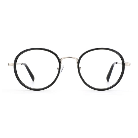 Zenottic Martin eyeglasses: black TR90 round full-rim, silver metal temples, clear demo lenses, product showcase.