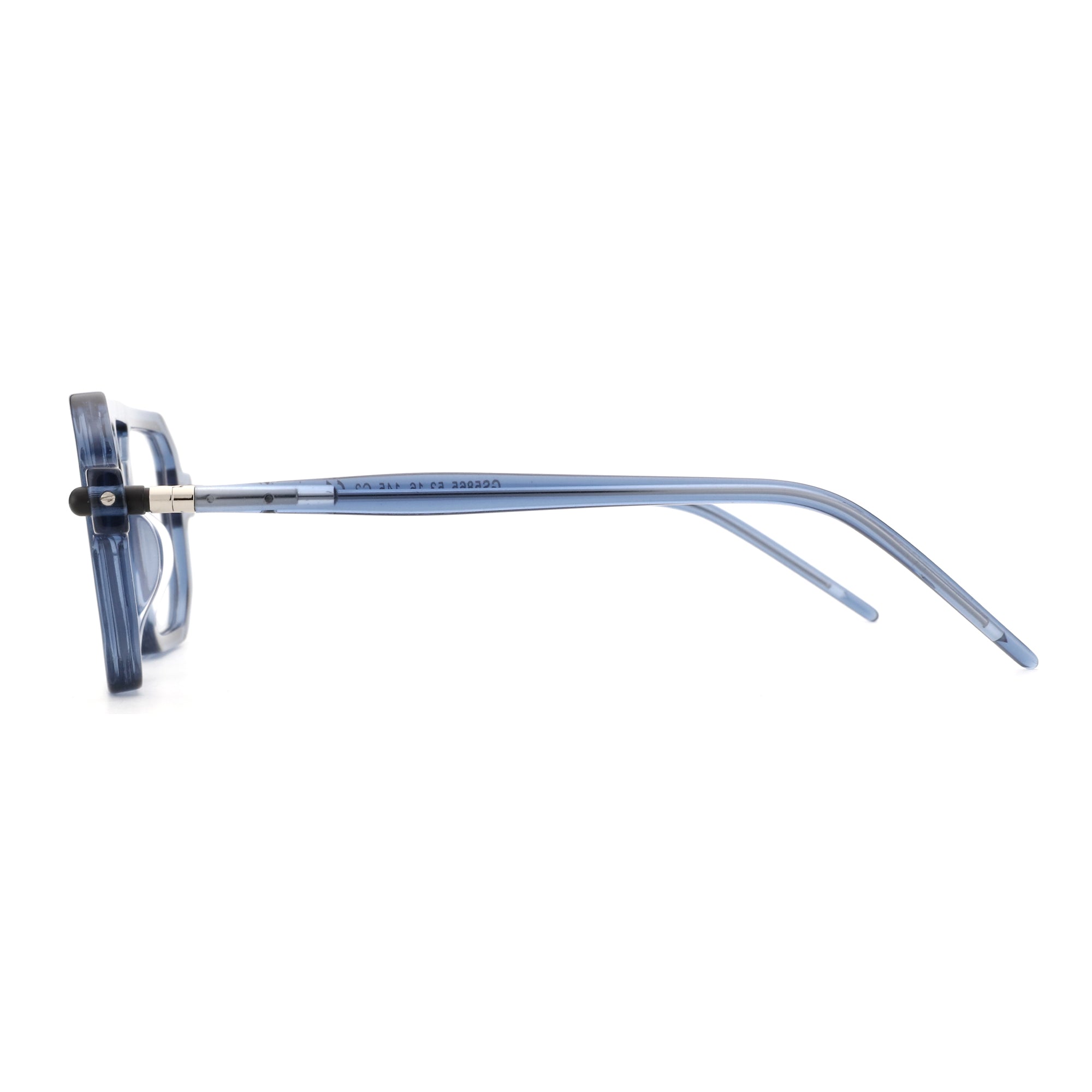 Side view of blue acetate Zenottic eyeglasses Reed with thin metal temples and visible serial number.