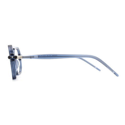 Side view of blue acetate Zenottic eyeglasses Reed with thin metal temples and visible serial number.