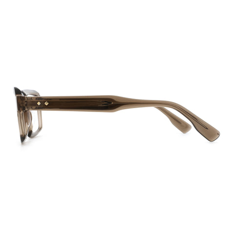 Brown acetate Zenottic Riley eyeglasses frame, side view, showing temple detail.
