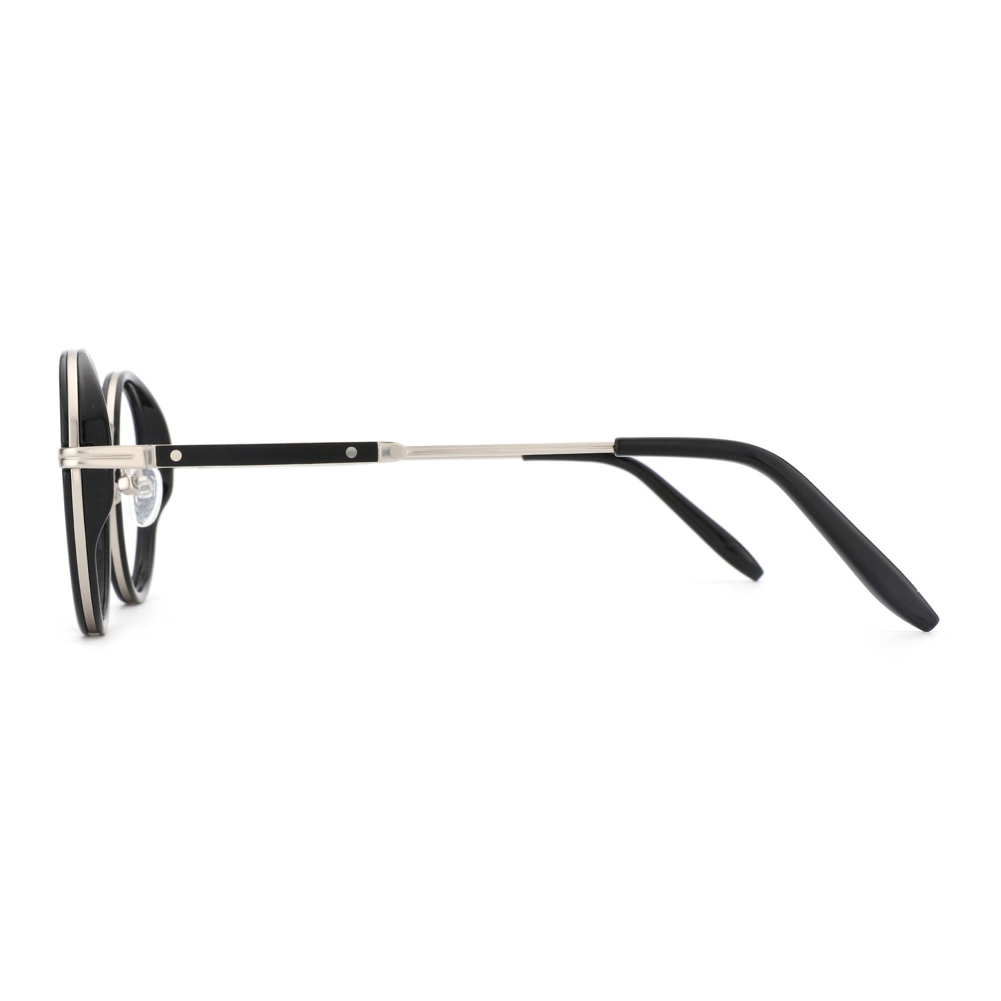 Zenottic Martin eyeglasses: side view of black TR90 round frame with silver temples and clear demo lenses.