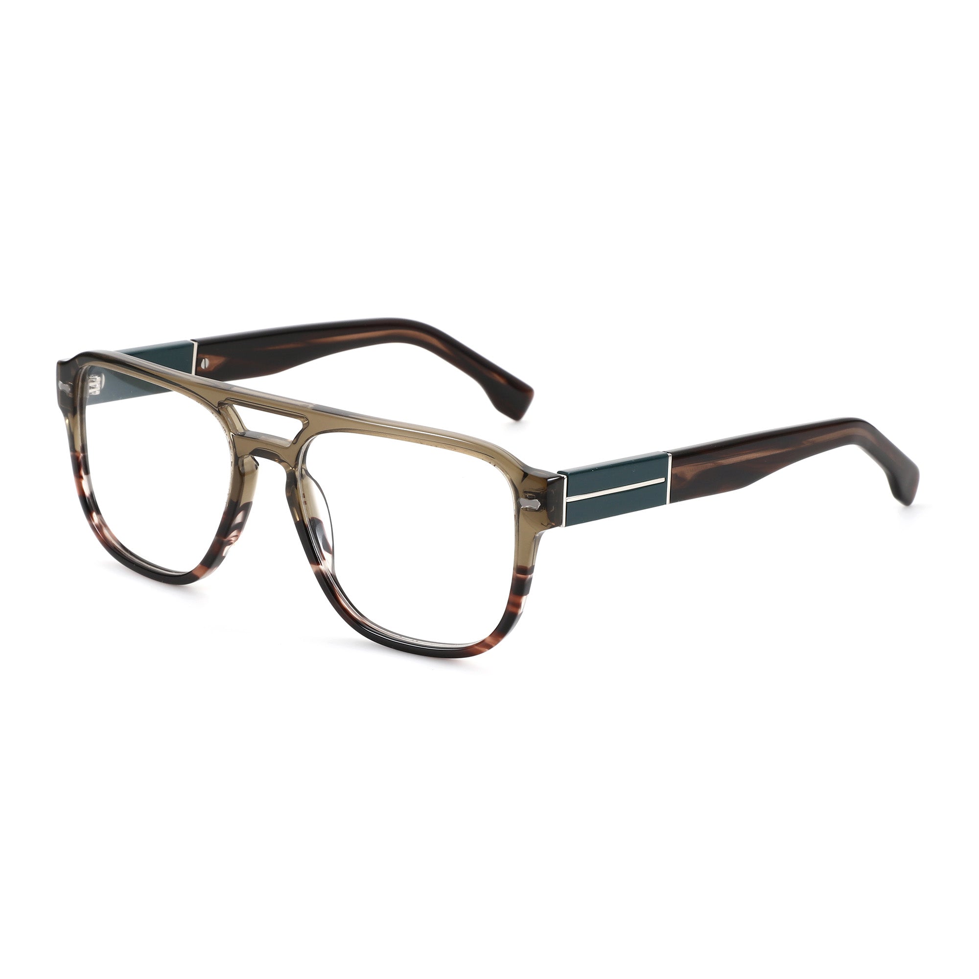 Zenottic Yves eyeglasses: tortoiseshell acetate aviator frame, brown temples with teal accents, clear demo lenses.