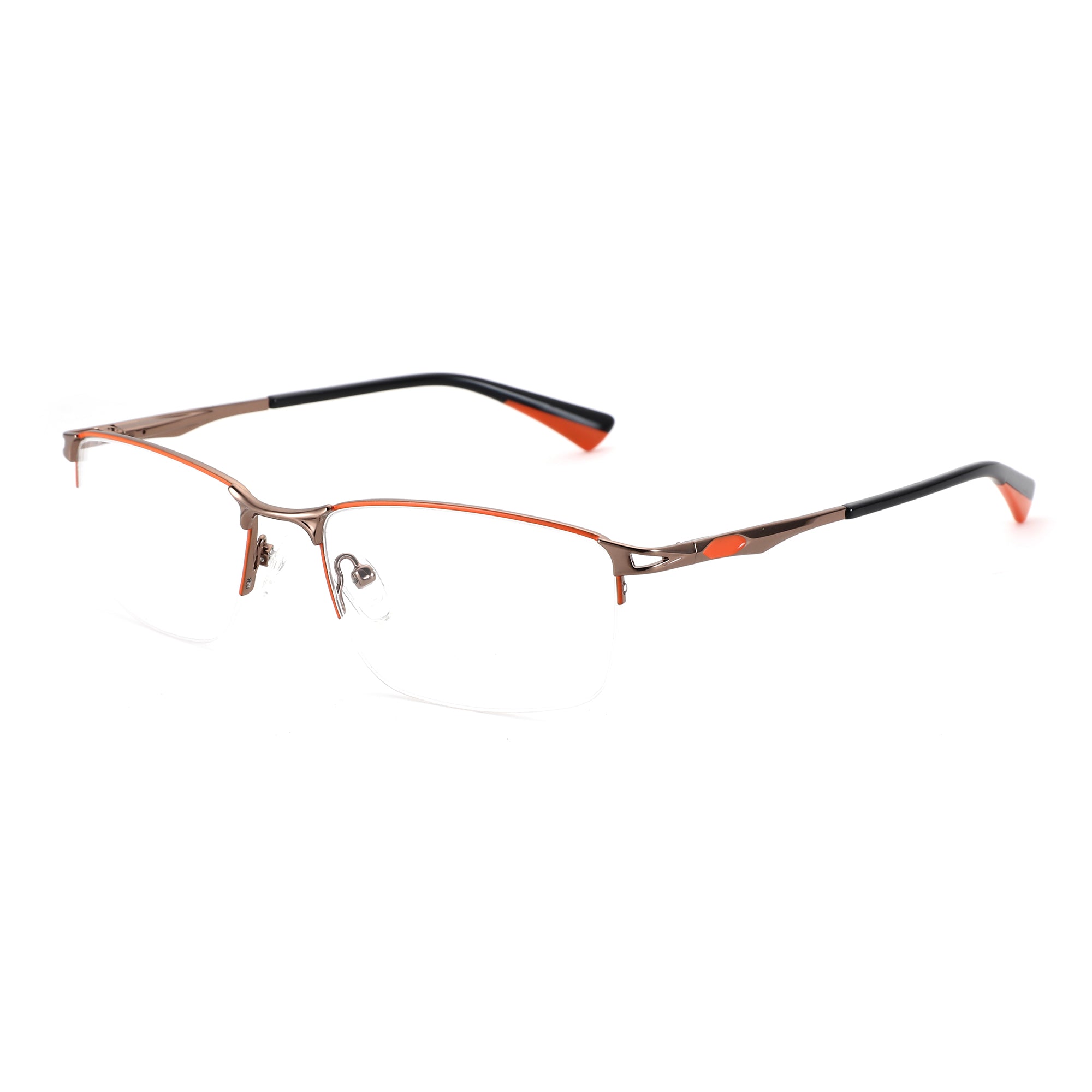 Zenottic Yancy bronze metal half-rim eyeglasses with orange accents and clear lenses