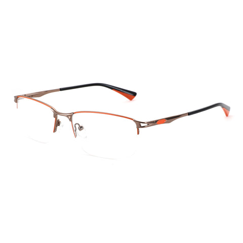 Zenottic Yancy bronze metal half-rim eyeglasses with orange accents and clear lenses