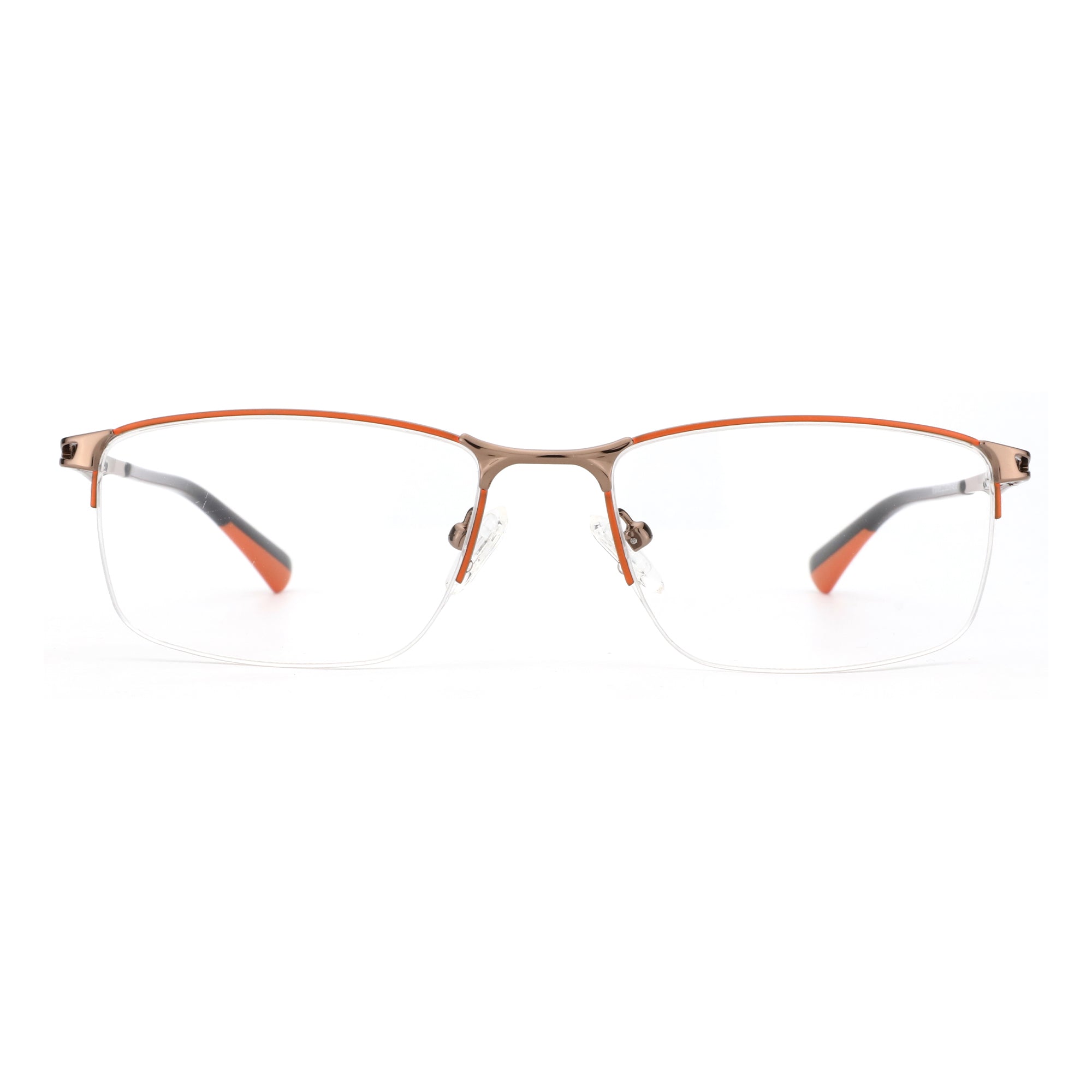 Zenottic Yancy eyeglasses with orange and brushed metal half-rim frame and clear lenses.