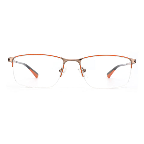 Zenottic Yancy eyeglasses with orange and brushed metal half-rim frame and clear lenses.