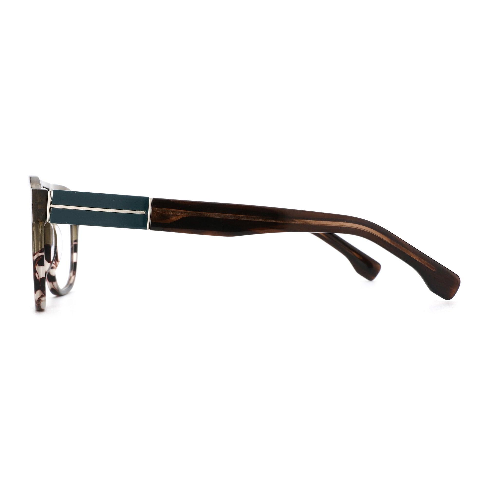 Zenottic Yves eyeglasses: acetate frame with tortoiseshell pattern, a dark teal temple accent, and brown striped arms.
