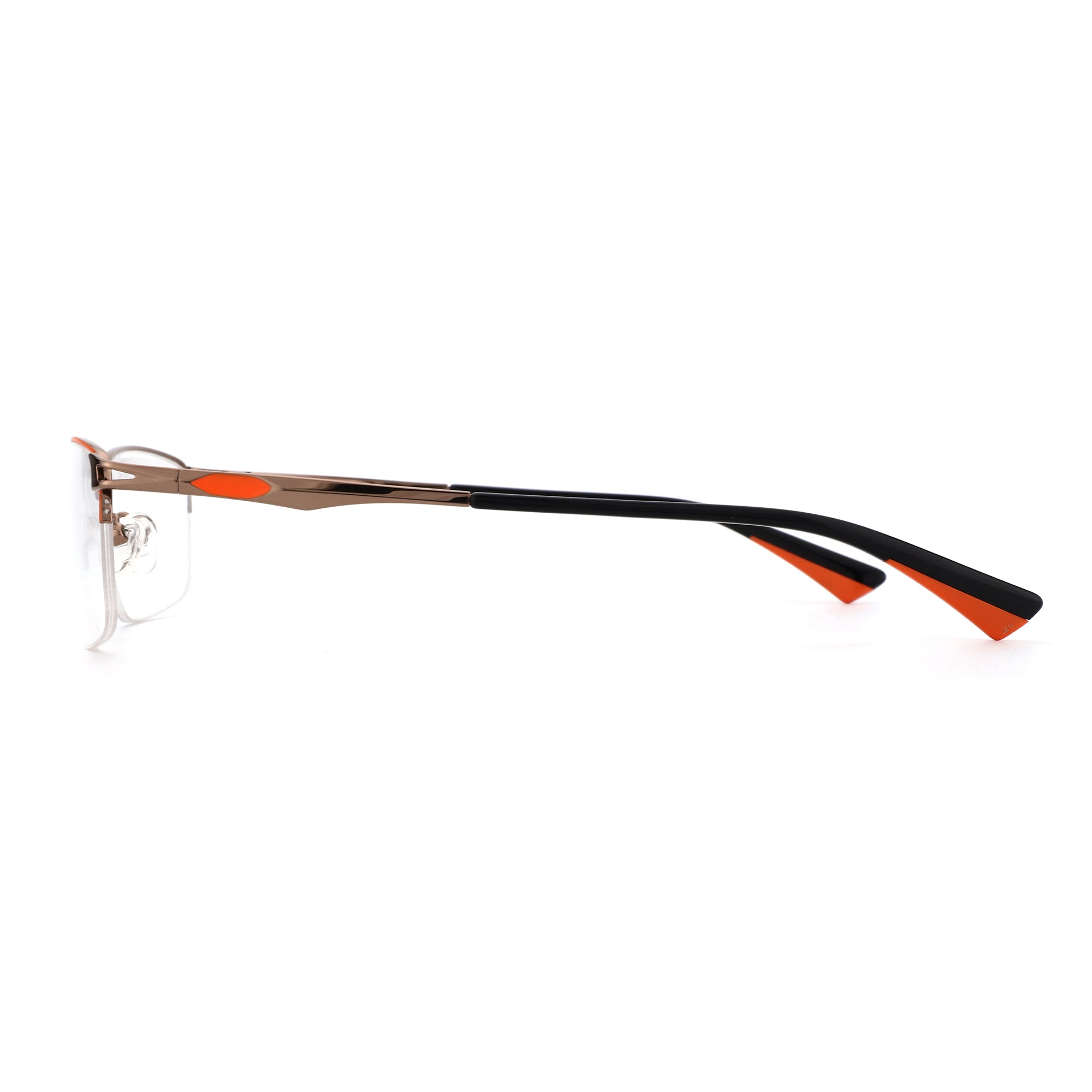 Zenottic Yancy eyeglasses feature a rose gold metal frame and black temples with orange accents.