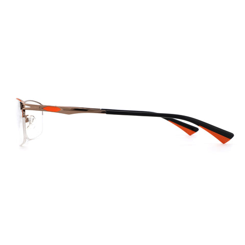 Zenottic Yancy eyeglasses feature a rose gold metal frame and black temples with orange accents.