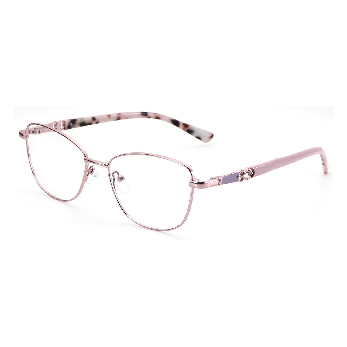 Rose gold metal frame Zenottic Eyeglasses Zephyrine with clear lenses and a tortoiseshell pattern on the temples.