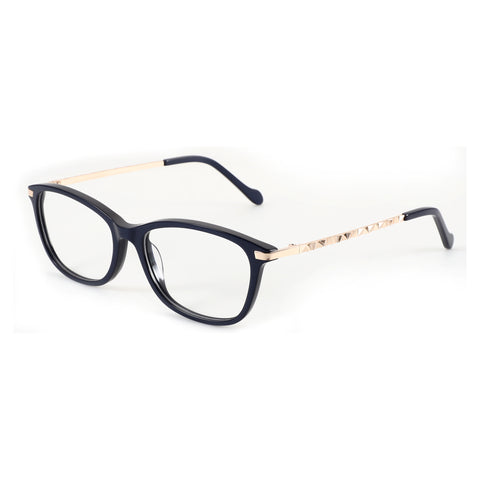 Zenottic Elara eyeglasses with dark blue acetate frame and studded gold temples.