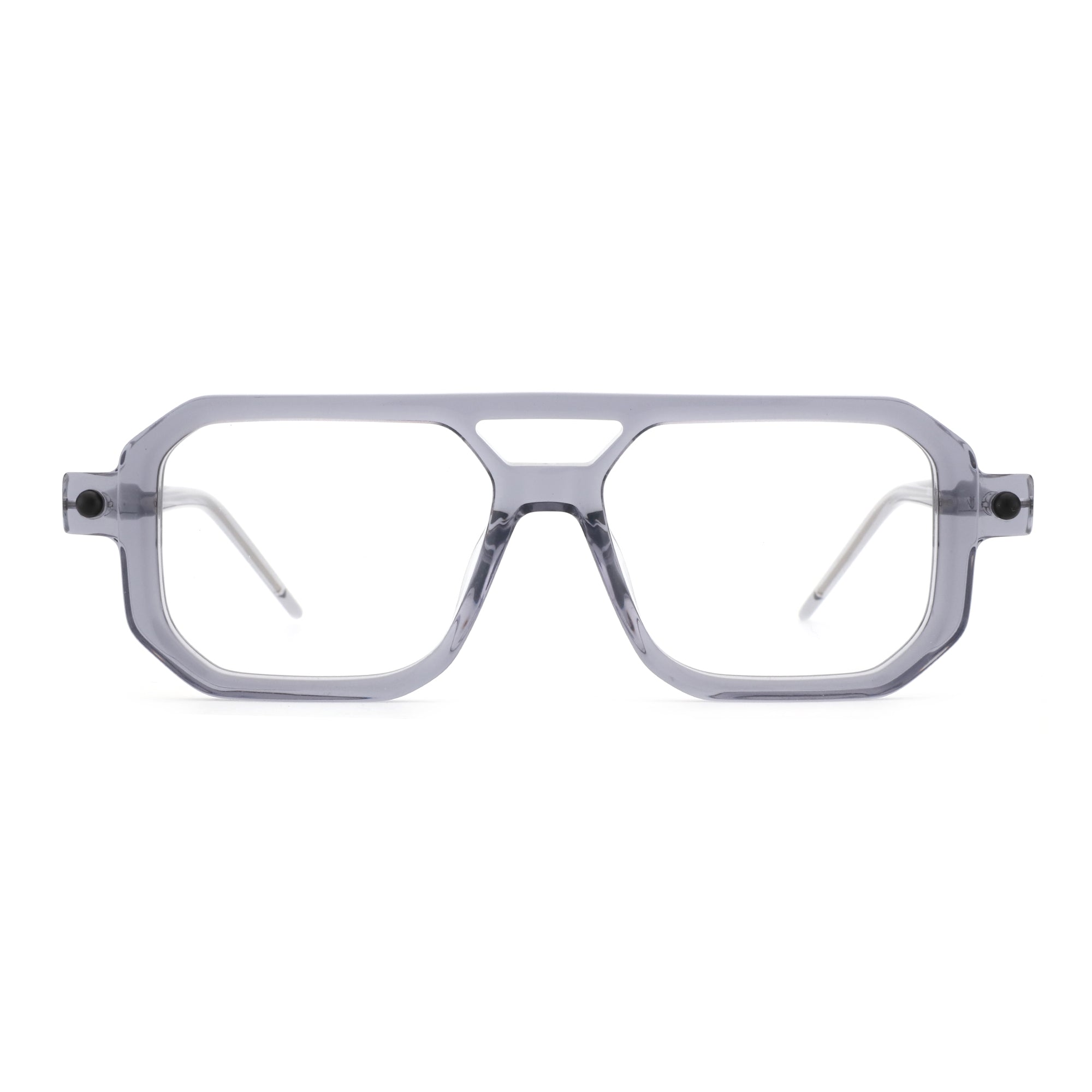 Translucent grey acetate aviator eyeglasses with silver temples. Zenottic Reed, 53mm lens width.
