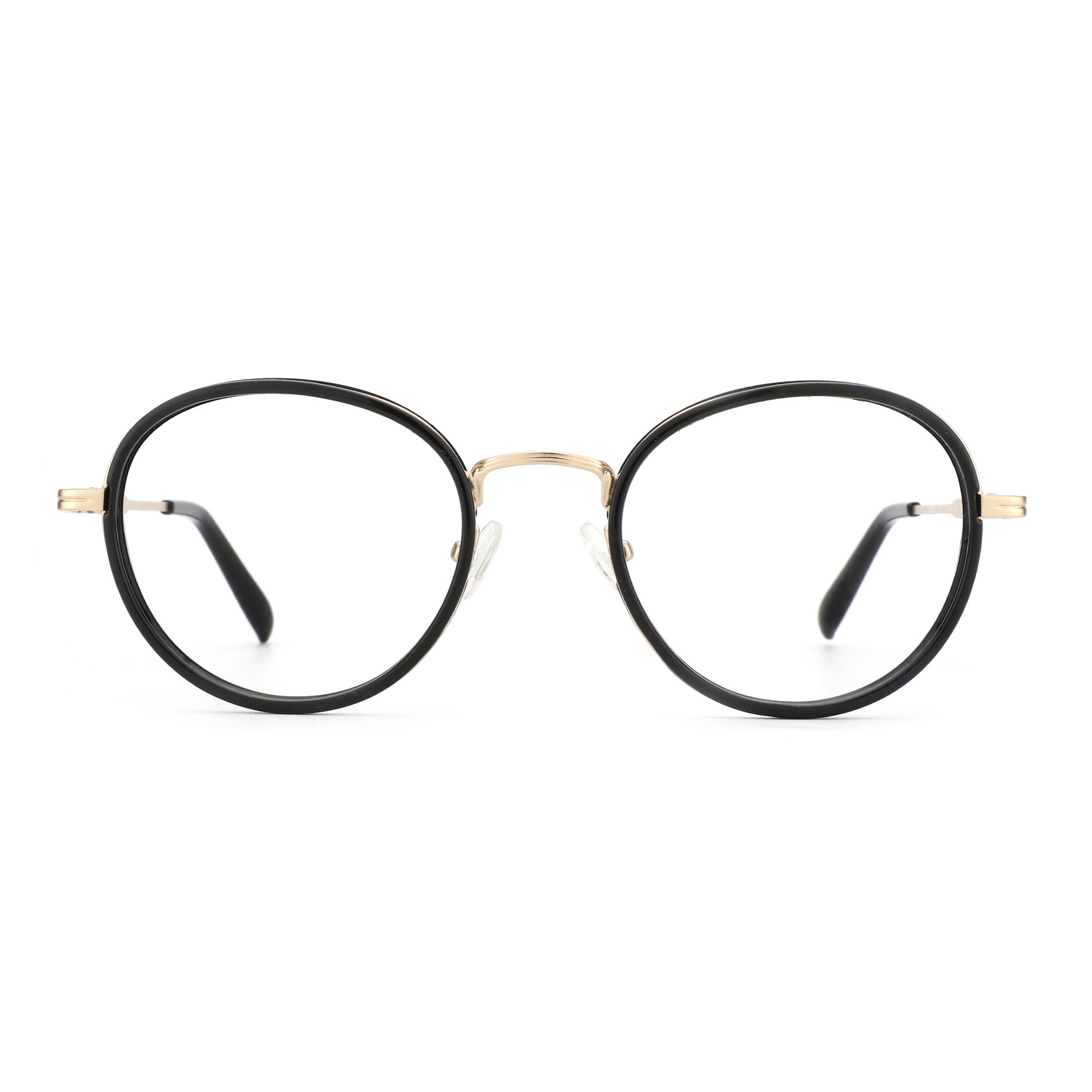 Zenottic Martin eyeglasses: black TR90 round full-rim frame, gold metal temples, clear demo lenses for product showcase.