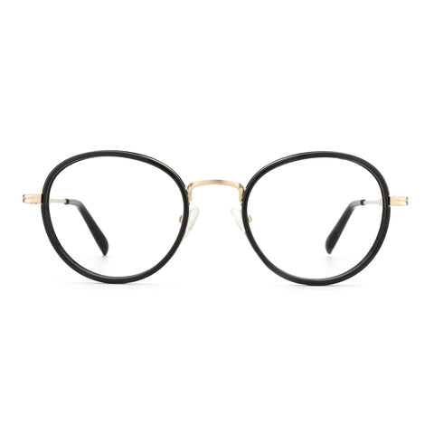 Zenottic Martin eyeglasses: black TR90 round full-rim frame, gold metal temples, clear demo lenses for product showcase.