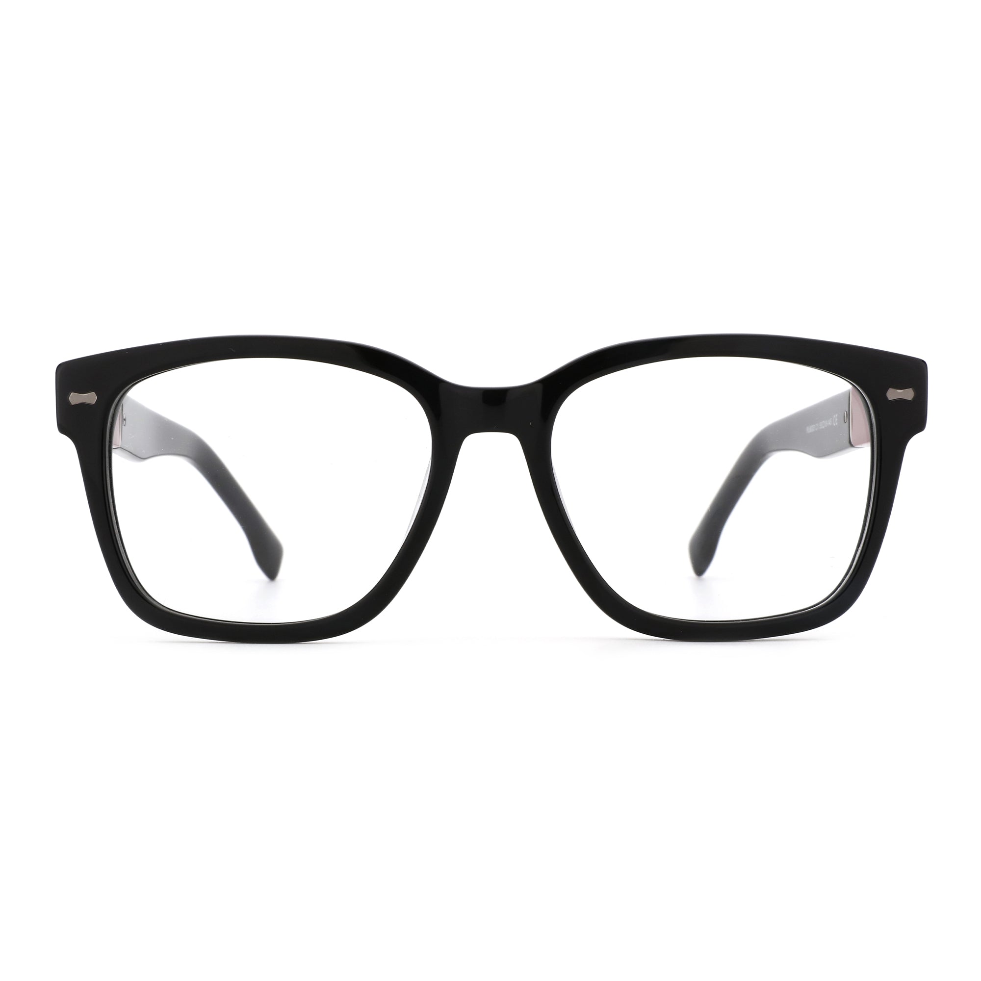 Zenottic Quentin black acetate eyeglasses with clear lenses and silver corner accents.