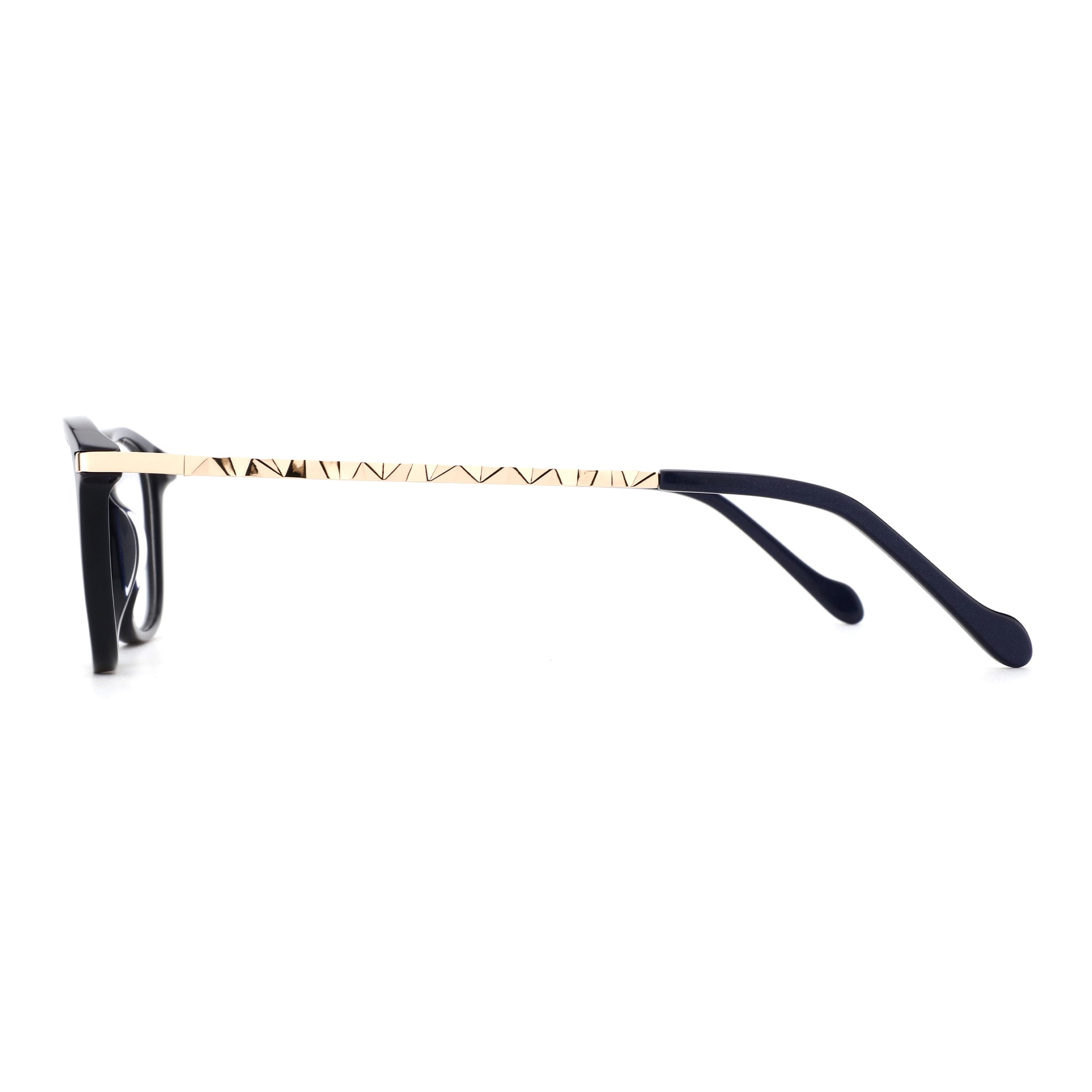 Zenottic Elara eyeglasses with black acetate frame and gold geometric temple detail.