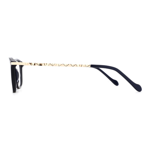 Zenottic Elara eyeglasses with black acetate frame and gold geometric temple detail.
