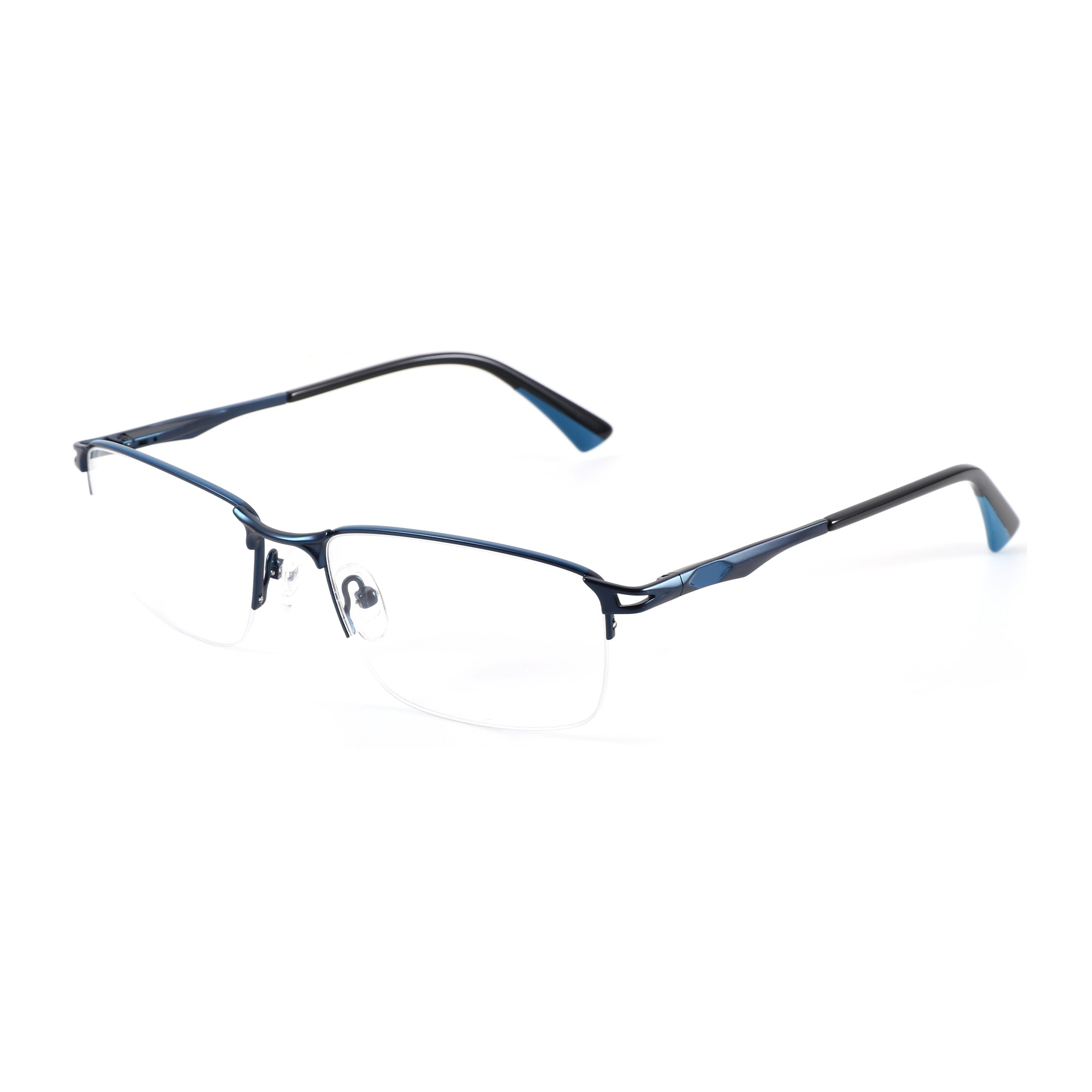 Zenottic Yancy eyeglasses: dark blue metal half-rim frame, black temples, classic square style