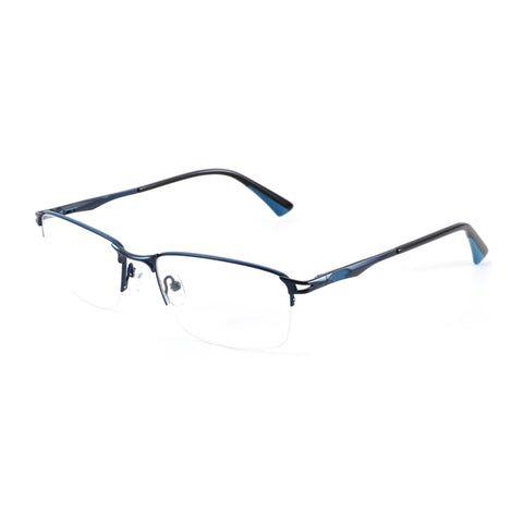Zenottic Yancy eyeglasses: dark blue metal half-rim frame, black temples, classic square style