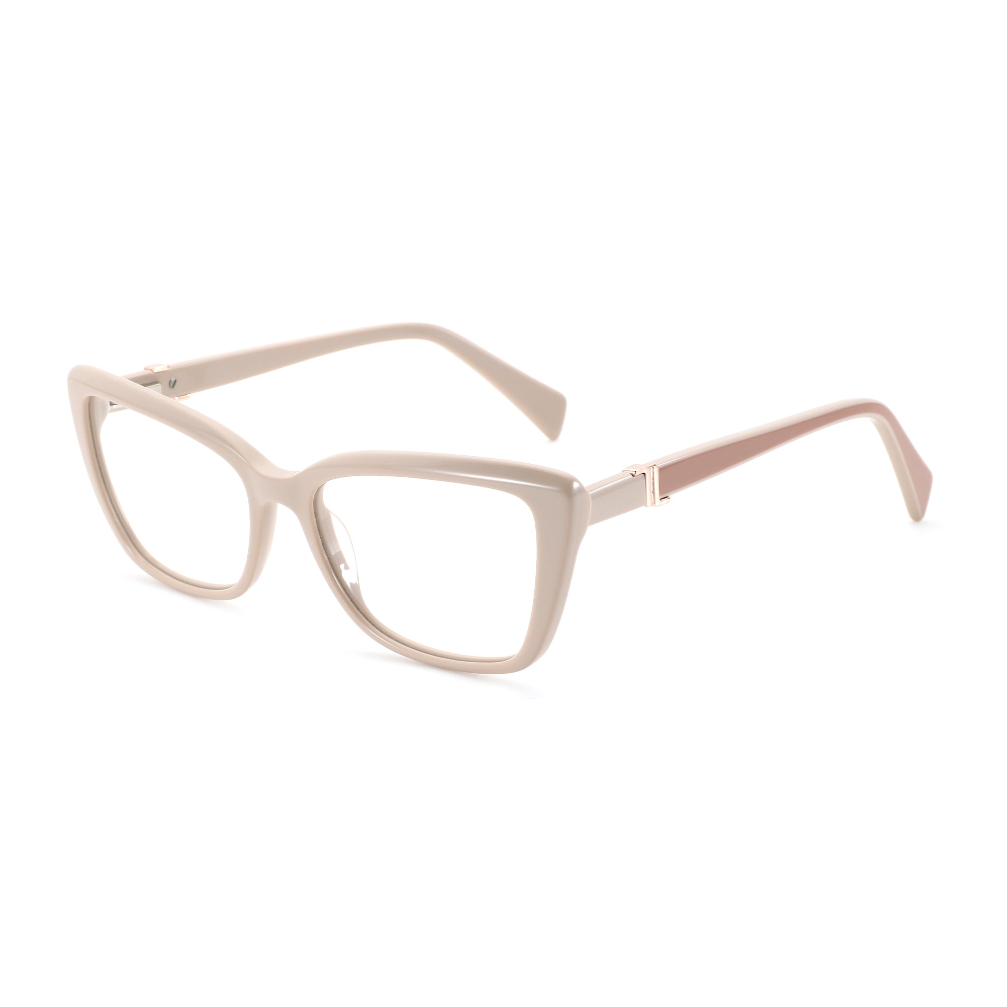 Zenottic Anja eyeglasses feature a beige acetate cat-eye frame with brown temples and rose gold accents.